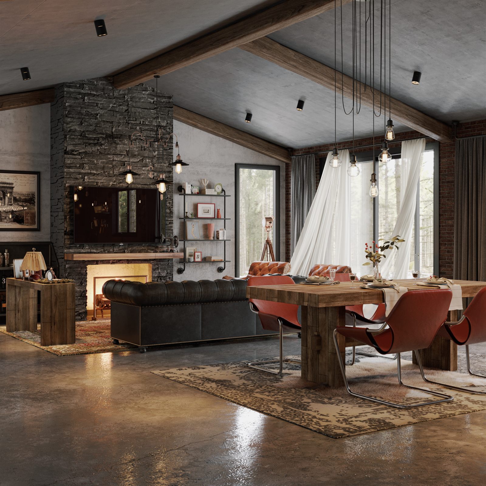 Living room with stone fireplace