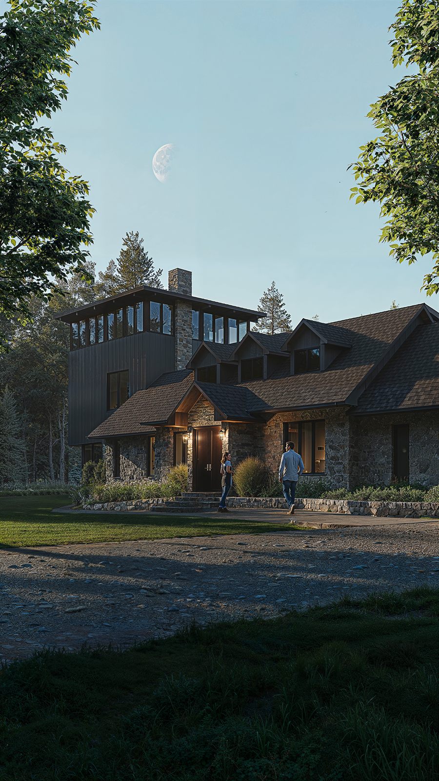 Estate home exterior in the evening